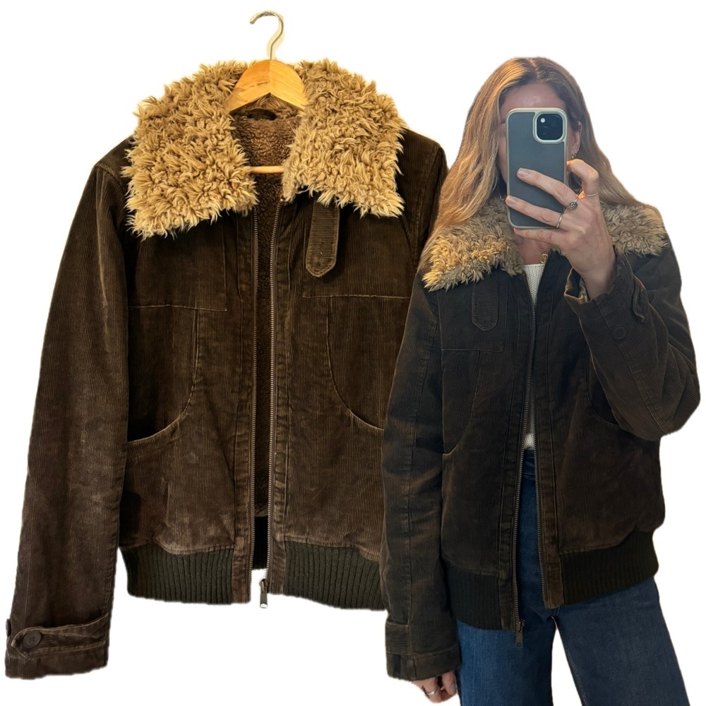 Vintage Brown Corduroy Fleece Lined with Tan Sherpa Collar Zip Up Bomber Jacket